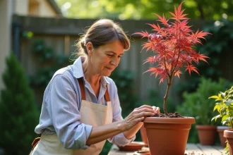 Femme inspectant un jeune érable japonais en pot dans un jardin résidentiel français, évaluant la qualité d'un arbre commandé chez Promesse de Fleurs
