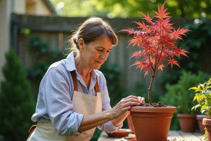 Femme inspectant un jeune érable japonais en pot dans un jardin résidentiel français, évaluant la qualité d'un arbre commandé chez Promesse de Fleurs