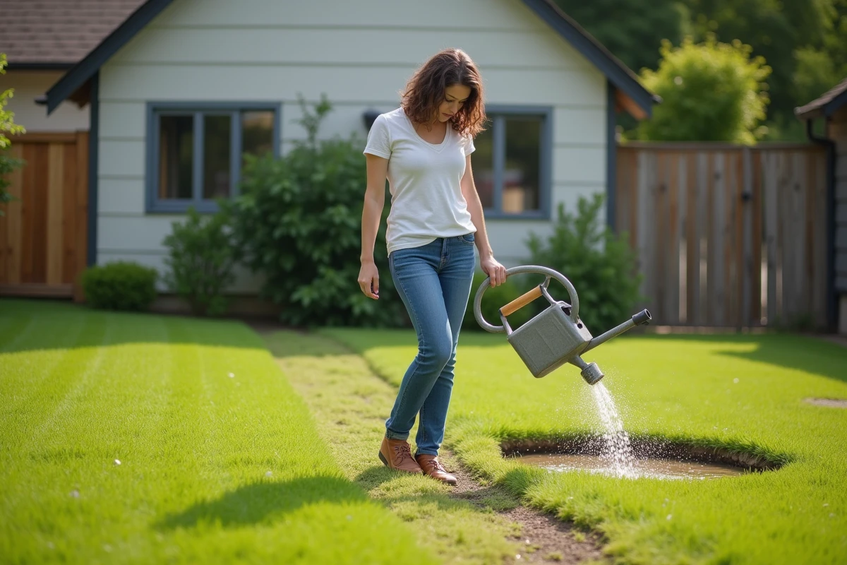 Jeune femme regardant une zone endommagée de la pelouse