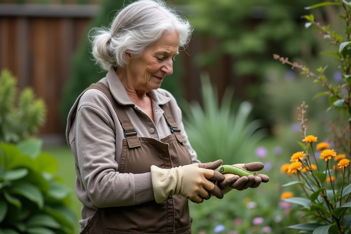 Femme âgée observant une chenille sur sa main dans le jardin