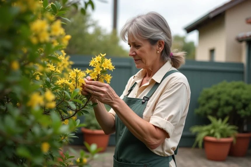 Femme en jardinage examinant un oleander jaunissant