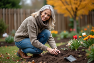 Femme plantant des bulbes d'automne dans un jardin