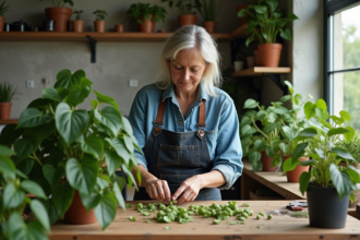 Femme d'âge moyen en jardinage intérieur avec pothos