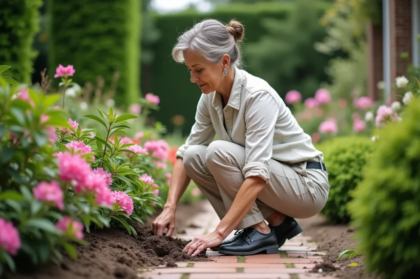 Femme en blouse légère et pantalon de jardinage dans un jardin fleuri