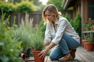Femme en jardinage avec sauge en pot terracotta