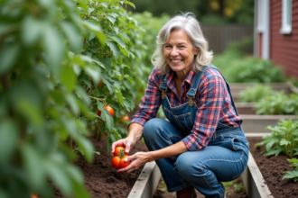 Femme en tenue de jardinage examine des tomates mûres dans son jardin