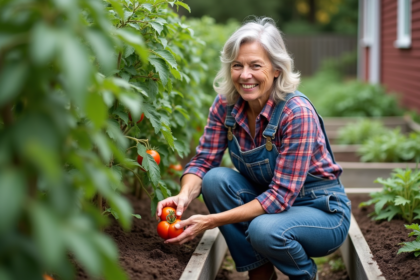 Femme en tenue de jardinage examine des tomates mûres dans son jardin
