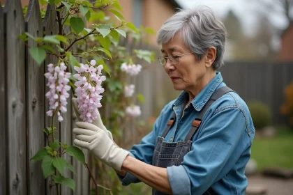 Femme inspectant la glycine en jardinage au printemps
