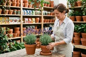 Femme examinant une plante de lavande en pot dans une jardinerie locale entourée de végétaux et de terracotta