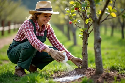 Femme en travail dans le jardin avec un chapeau de paille et un pantalon de travail, saupoudrant de la chaux autour d’un jeune pommier sain