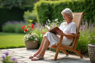 Femme d'âge moyen lisant dans un jardin paisible