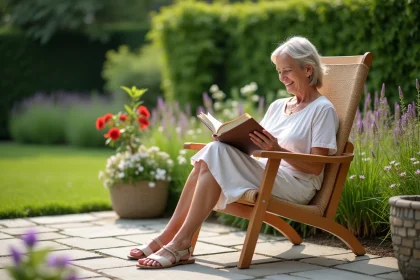 Femme d'âge moyen lisant dans un jardin paisible