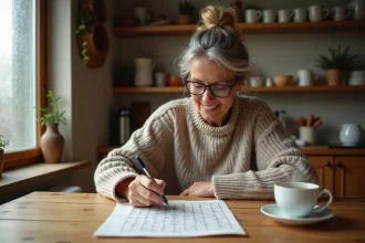 Femme d'âge mûr complétant une grille de mots fléchés à la table de cuisine avec un stylo bille et une tasse de thé