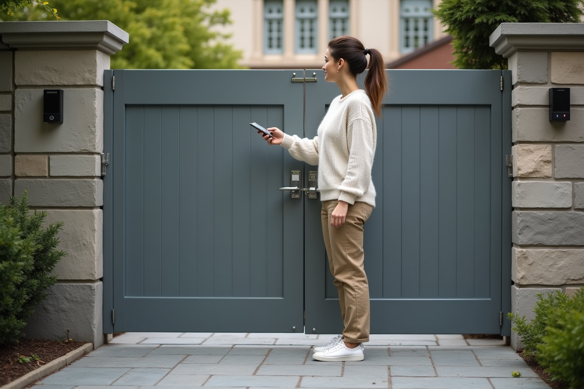 Femme utilisant une télécommande pour un portail moderne