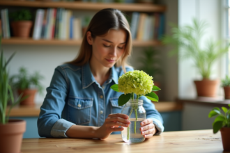Femme plaçant une hydrangea dans un verre d'eau à la maison
