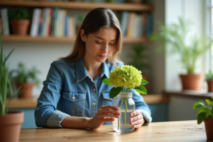 Femme plaçant une hydrangea dans un verre d'eau à la maison