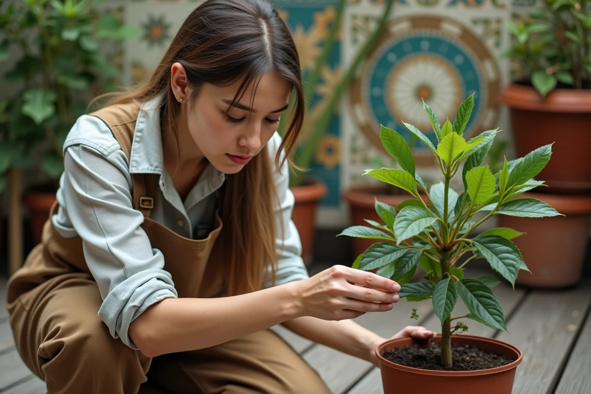 Jeune femme inspectant un jeune figuier en pot sur un balcon