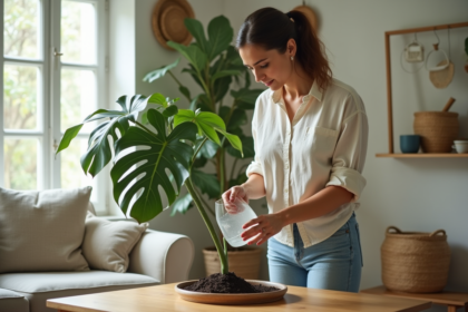 Femme arrosant une grande plante monstera en intérieur