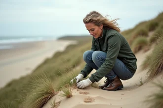 Femme plantant des herbes sur une dune côtière