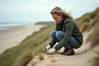 Femme plantant des herbes sur une dune côtière