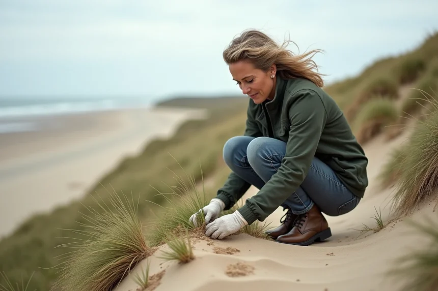 Femme plantant des herbes sur une dune côtière