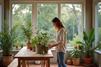 Femme arrangeant des plantes en pot dans une serre lumineuse