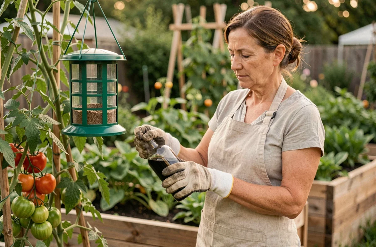 Femme préparant et remplissant un appât pour piège à mouches suspendu dans un potager