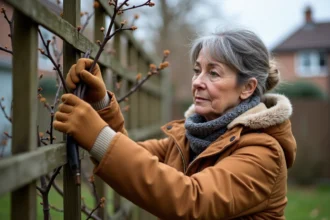Femme taillant un rosier dans un jardin suburbain en hiver