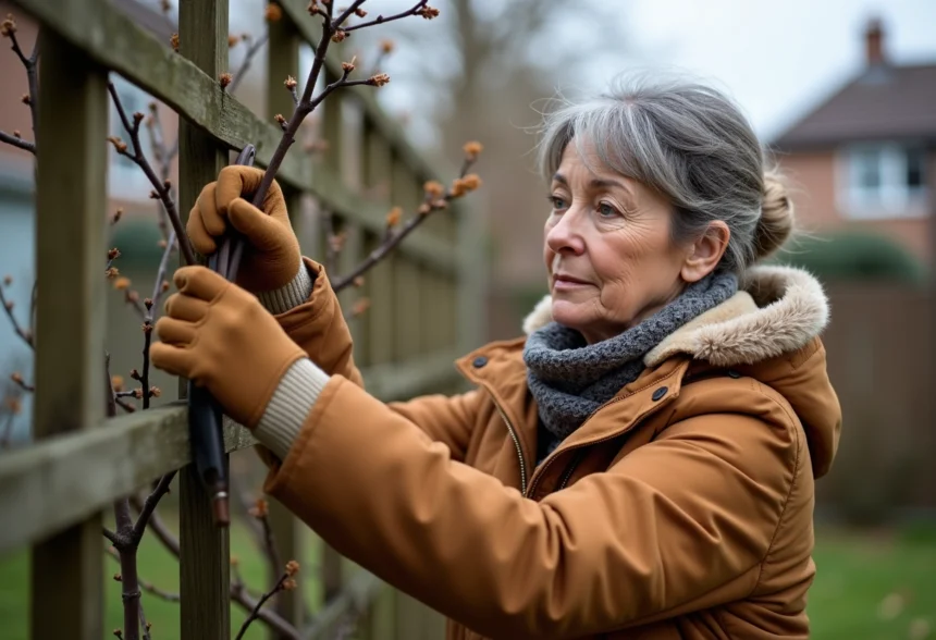 Femme taillant un rosier dans un jardin suburbain en hiver