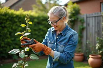 Femme portant des gants de jardinage épais qui taille un rosier avec un sécateur à long manche dans un jardin résidentiel