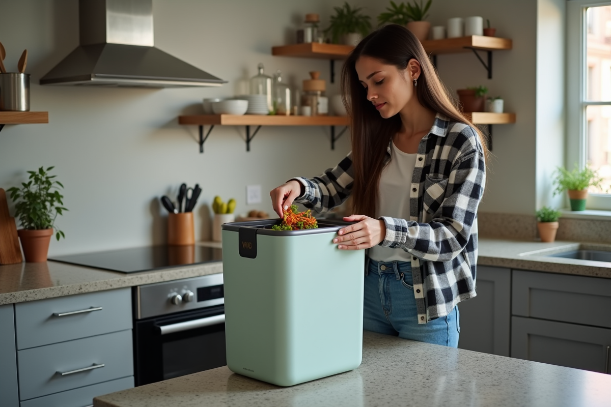 Jeune femme triant des déchets dans une cuisine moderne