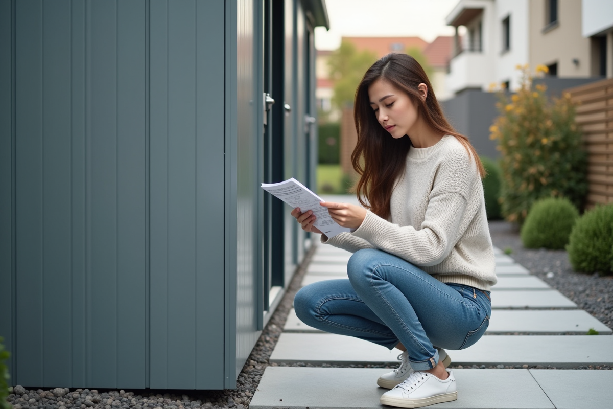 Jeune femme vérifiant un guide de reglement pour abri de jardin