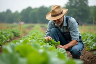 Fermeur en overalls dans un champ bio vert