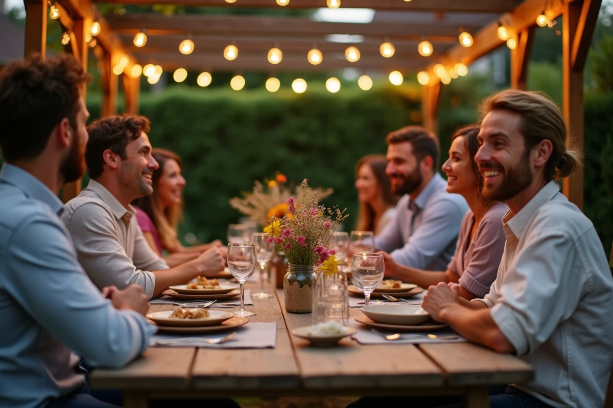 Repas en terrasse sous une guirlande solaire extérieure tendue sur une pergola lors d'une fête de jardin estivale