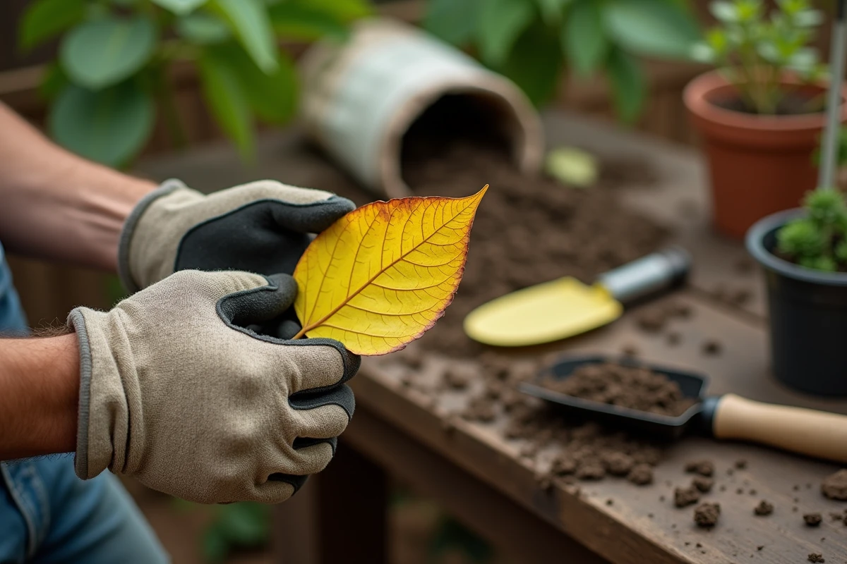 Gros plan sur une feuille jaune de laurier rose tenue par un jardinier après rempotage