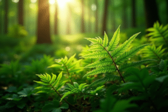 Feuilles de fougère vert vif en forêt ensoleillée
