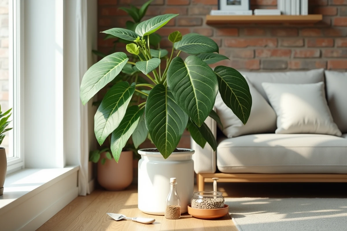 Ficus lyrata majestueux sur un support en céramique blanche entouré d'outils de rempotage dans un appartement moderne aux briques blanches