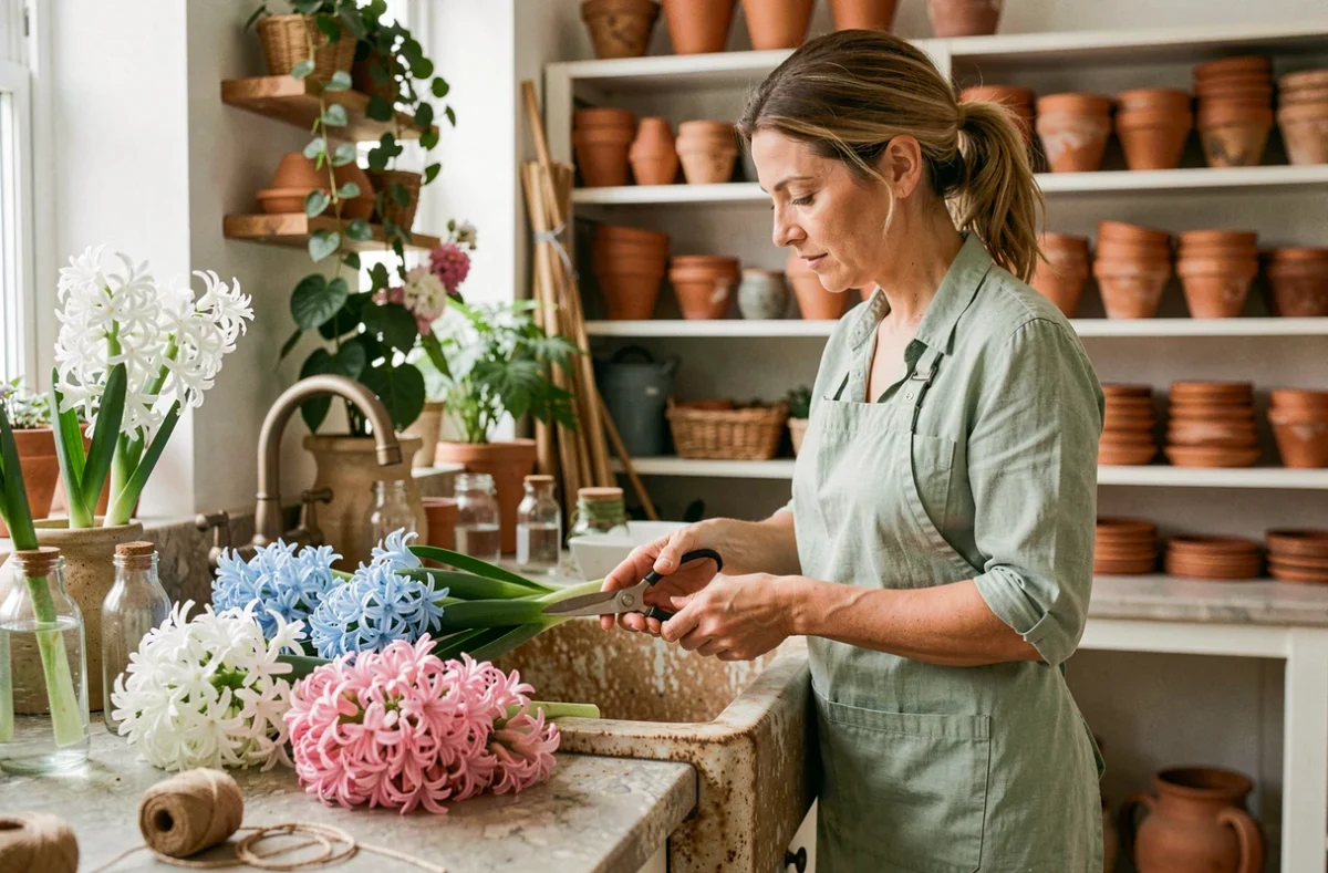 Femme fleuriste coupant des tiges de jacinthes dans un atelier botanique rustique avec des bouquets colorés sur un comptoir en pierre