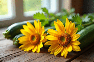 Fleurs de zucchini fraîches sur une table en bois rustique