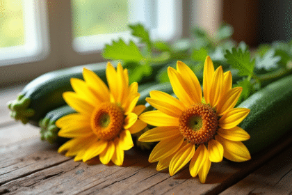 Fleurs de zucchini fraîches sur une table en bois rustique