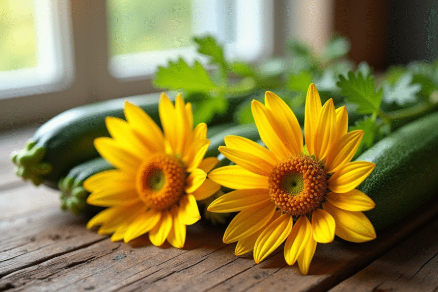 Fleurs de zucchini fraîches sur une table en bois rustique