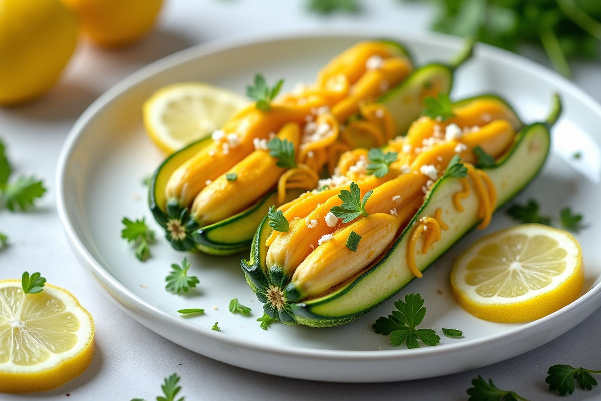 Fleurs de zucchini farcies sur une assiette blanche avec herbes