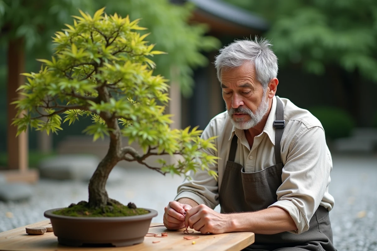 Homme appliquant du fil de cuivre sur un jeune bonsaï d'érable du Japon dans un jardin zen