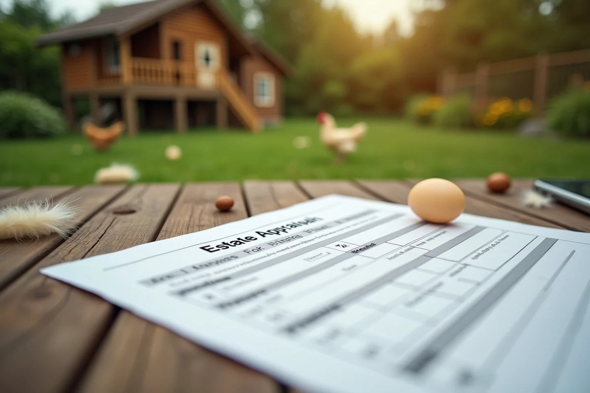 Formulaire d'évaluation immobilière sur une table de jardin avec plumes de poule et poulailler flou en arrière-plan, symbolisant la taxation des structures annexes
