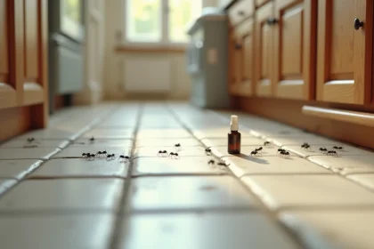 Fourmis noires envahissant le sol d'une cuisine avec un flacon de savon noir posé à proximité