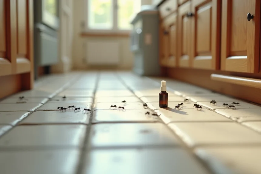 Fourmis noires envahissant le sol d'une cuisine avec un flacon de savon noir posé à proximité