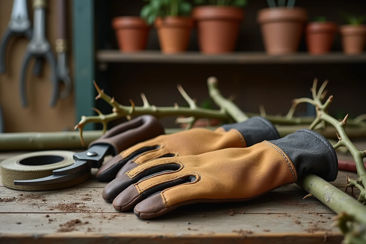 Gros plan de gants de jardinage en cuir épais et sécateur posés sur un établi en bois avec des tiges de rosier épineuses