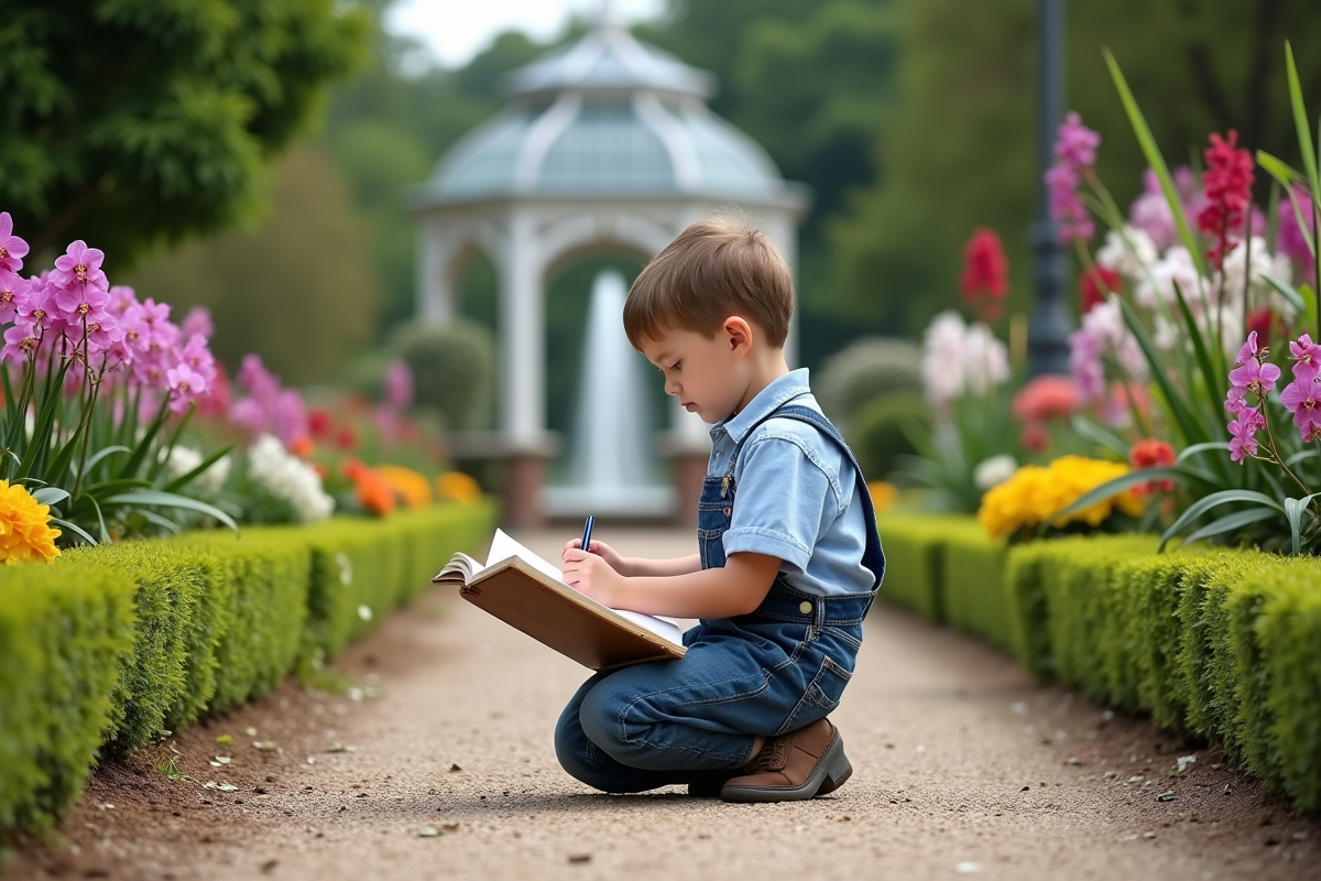 Jeune garçon en salopette dessinant des orchidées dans le jardin