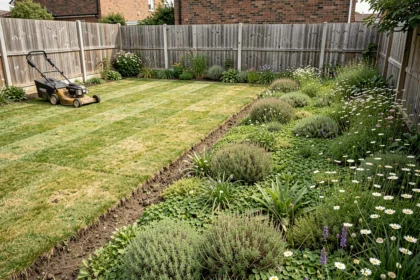 Comparaison entre gazon anglais traditionnel et prairie zéro tonte dans un jardin de maison individuelle