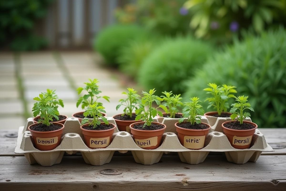 Godets recyclés alignés avec des semis de persil étiquetés à la main sur une table en bois dans un jardin